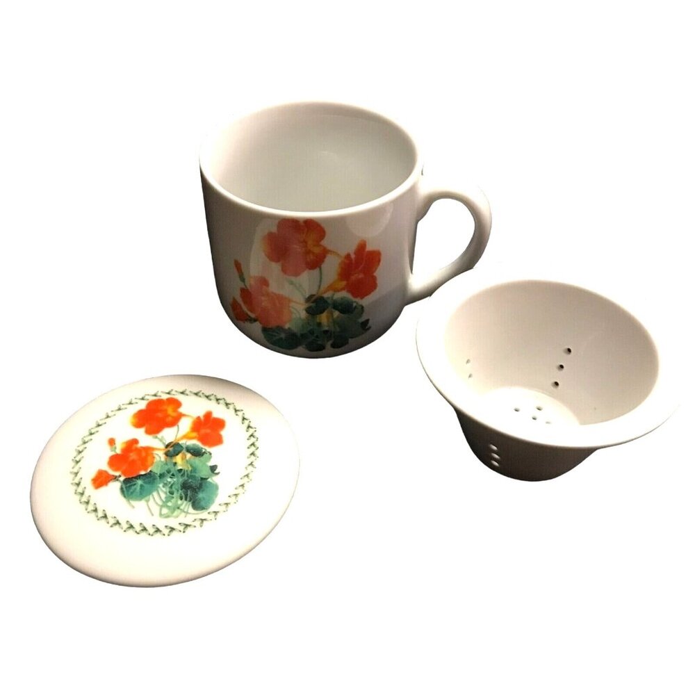 Savannah Tea Infuser Mug Lidded with Strainer Ceramic Red Poppies
